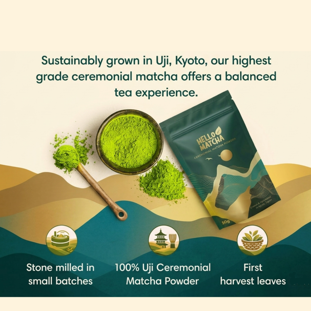 Matcha powder with packaging and text about Uji, Kyoto origin