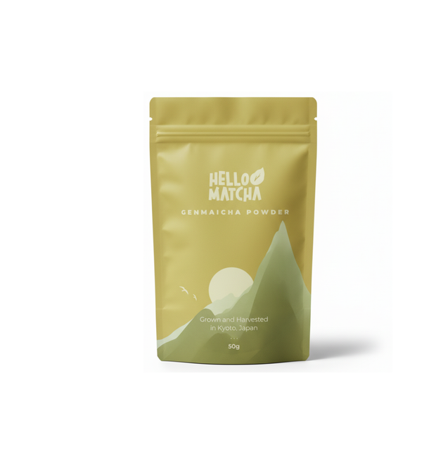 Green package of Hello Matcha Senmatcha Powder on a white background