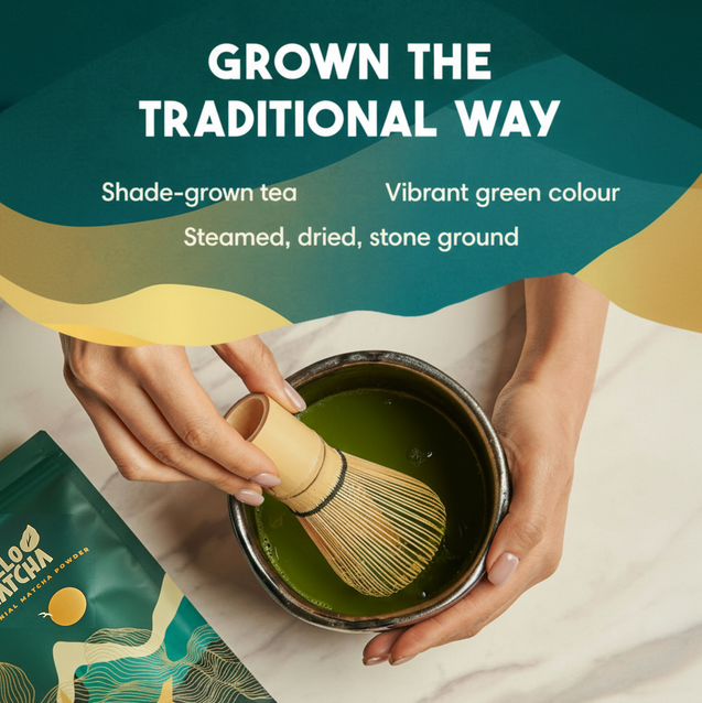 Person holding a bowl of green tea with a whisk, with text about traditional tea growing methods.