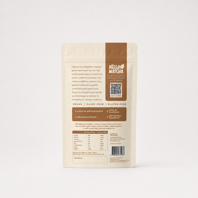 The back of a Hello Matcha green tea pouch, showing product details, ingredients, and nutritional information on a clean white background.