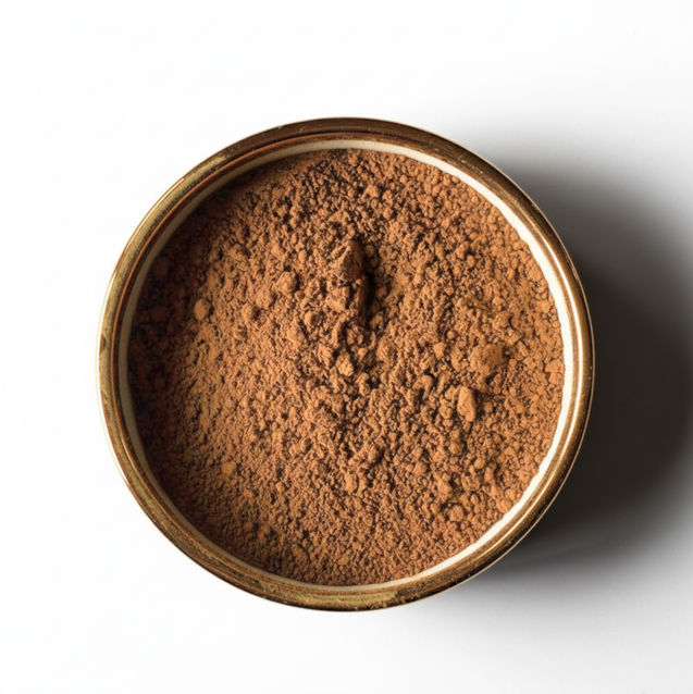 Close-up of a container filled with brown powder on a white background