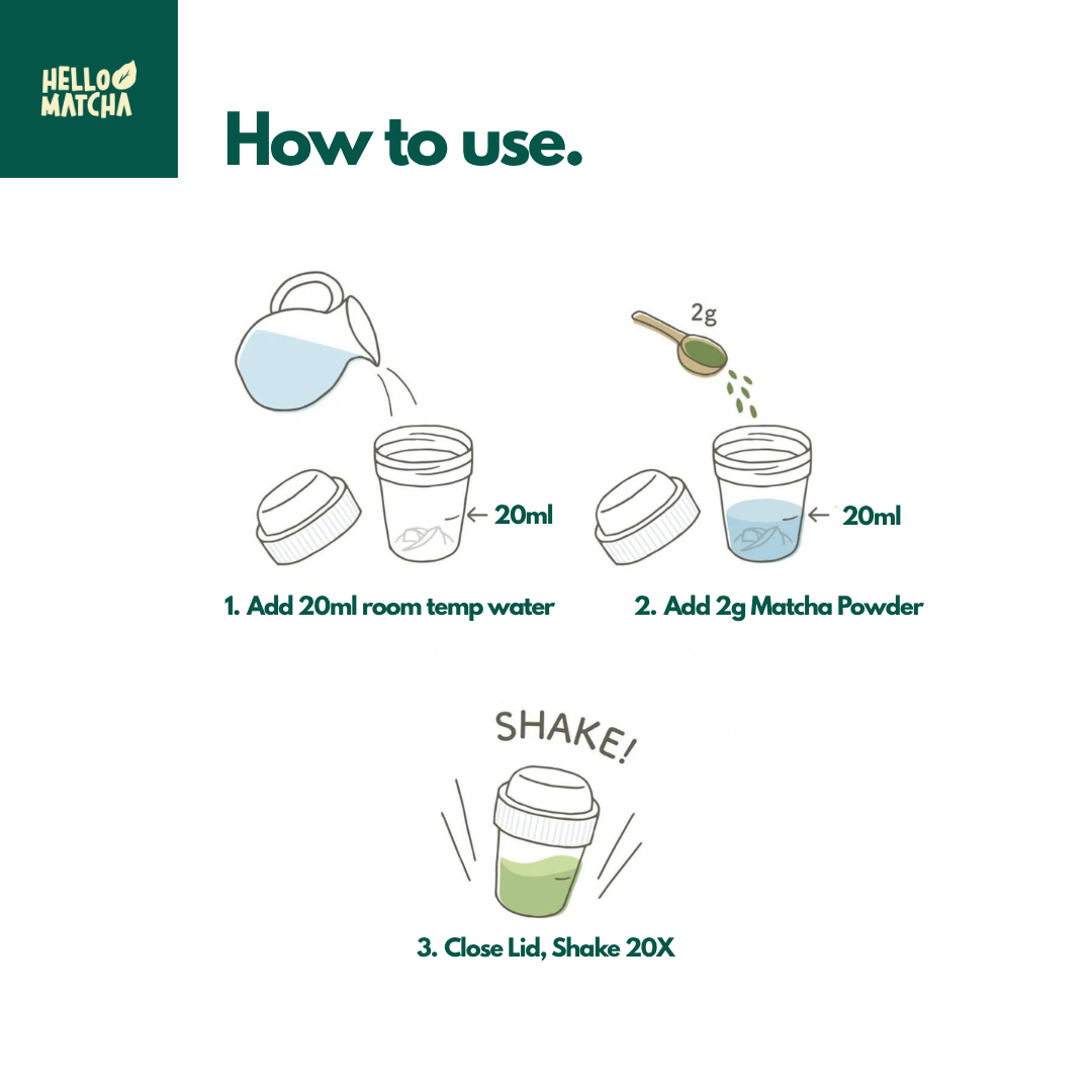Instructions on how to use matcha powder with a green logo in the corner.