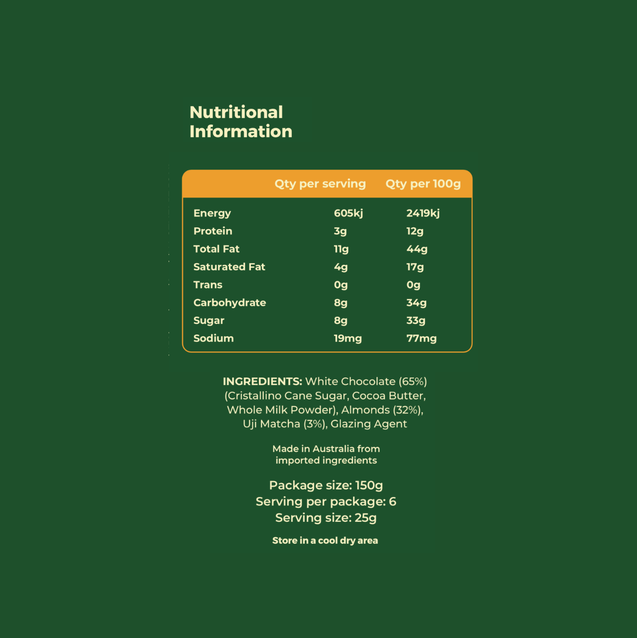 Nutritional information and ingredients list for Matcha Chocolate Almonds