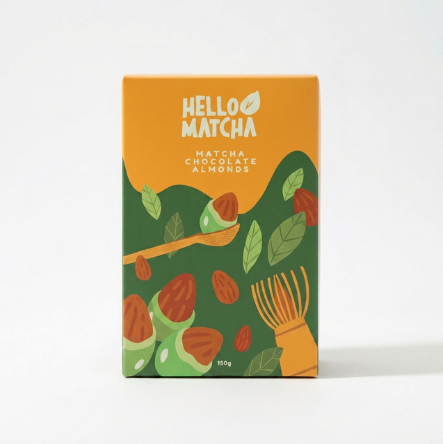 Box of Hello Matcha matcha chocolate almonds on a white background