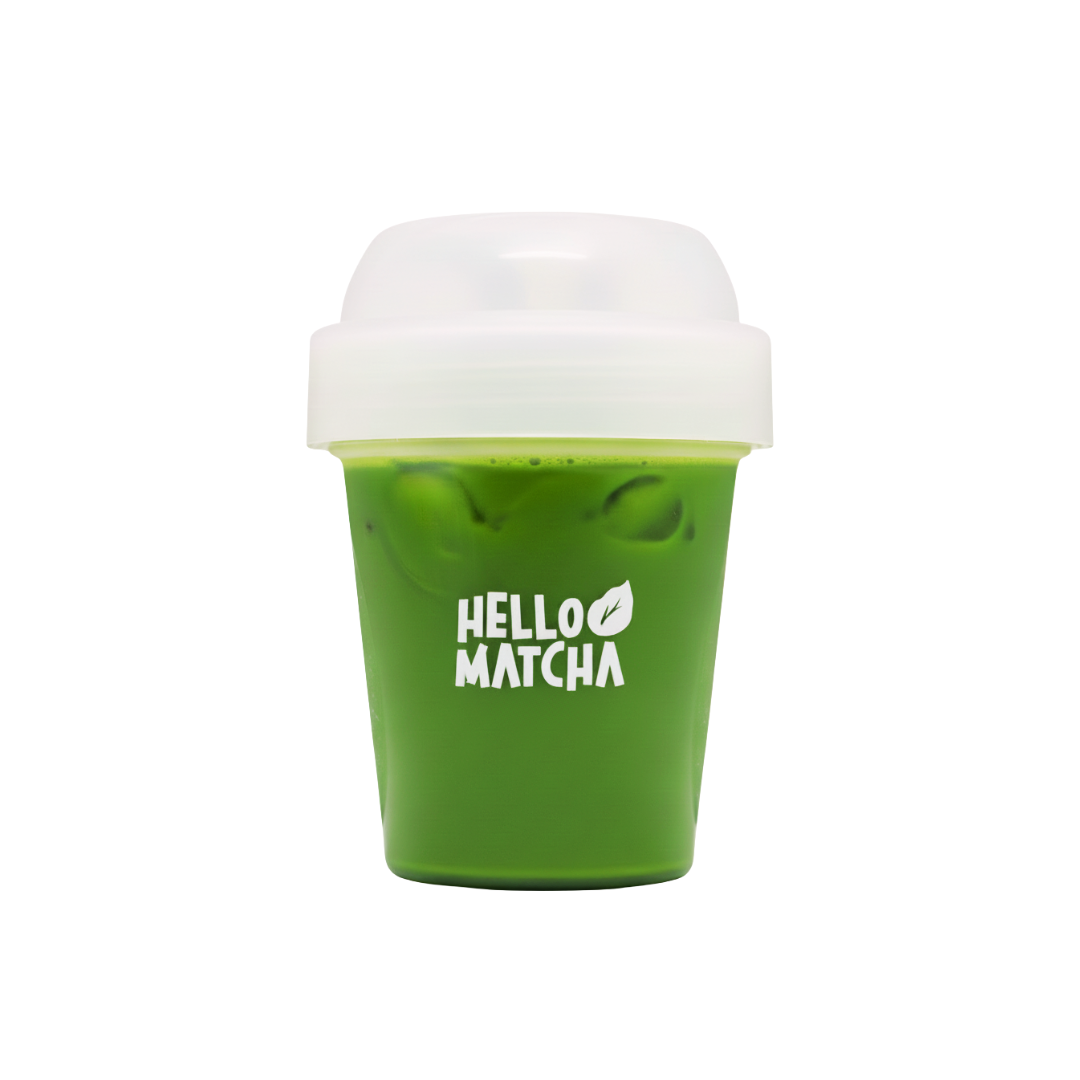 Green cup with white lid featuring 'Hello Matcha' on a white background