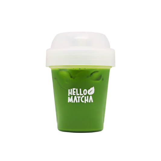 Green cup with white lid featuring 'Hello Matcha' on a white background