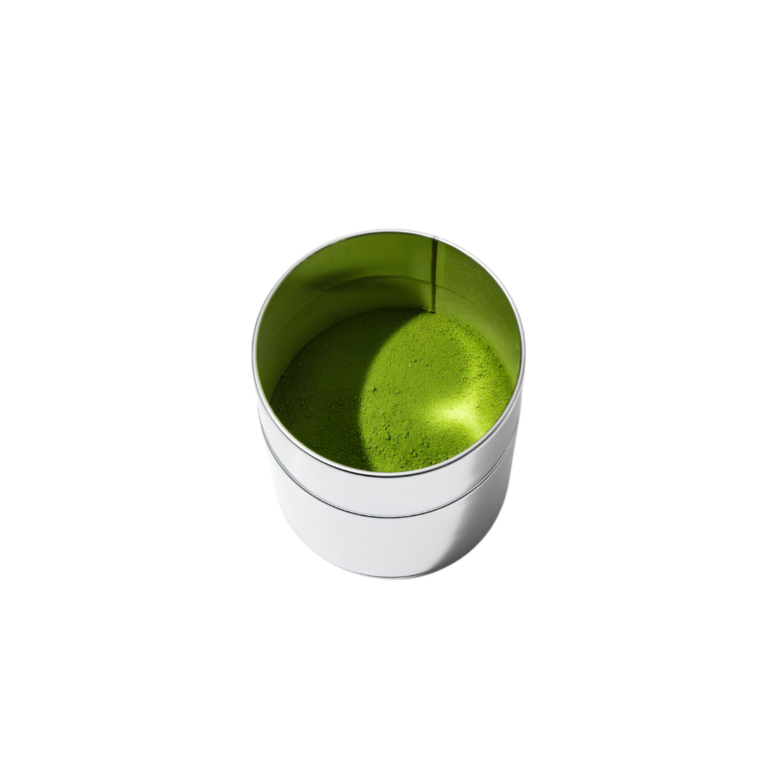 Green matcha powder in a white container on a white background