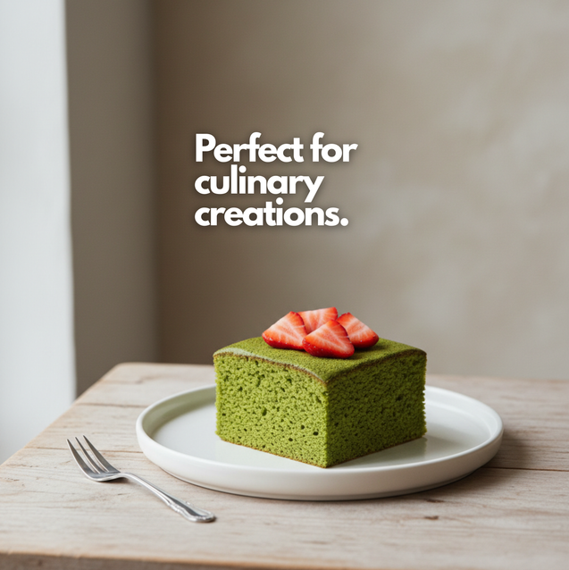 Green cake with strawberries on a white plate, text 'Perfect for culinary creations.'