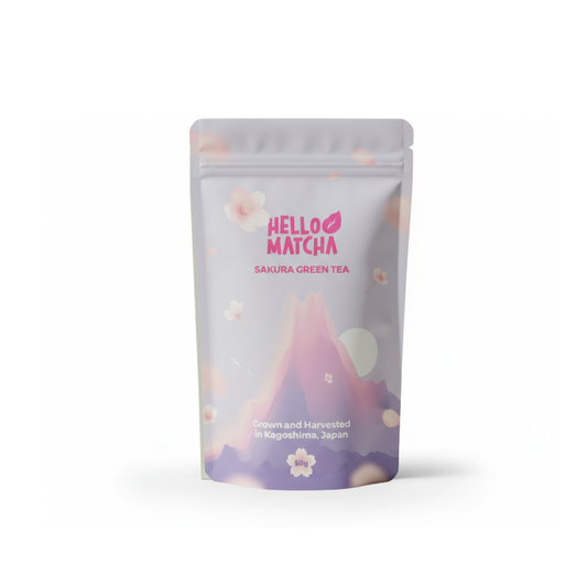 Tea package with 'Hello Matcha' branding on a white background