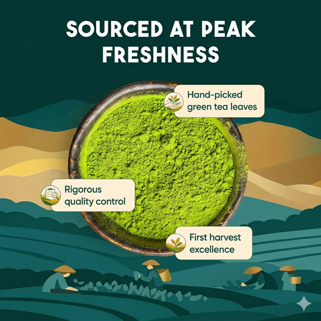 Bowl of green tea powder with text on peak freshness, hand-picked leaves, quality control, and first harvest excellence.