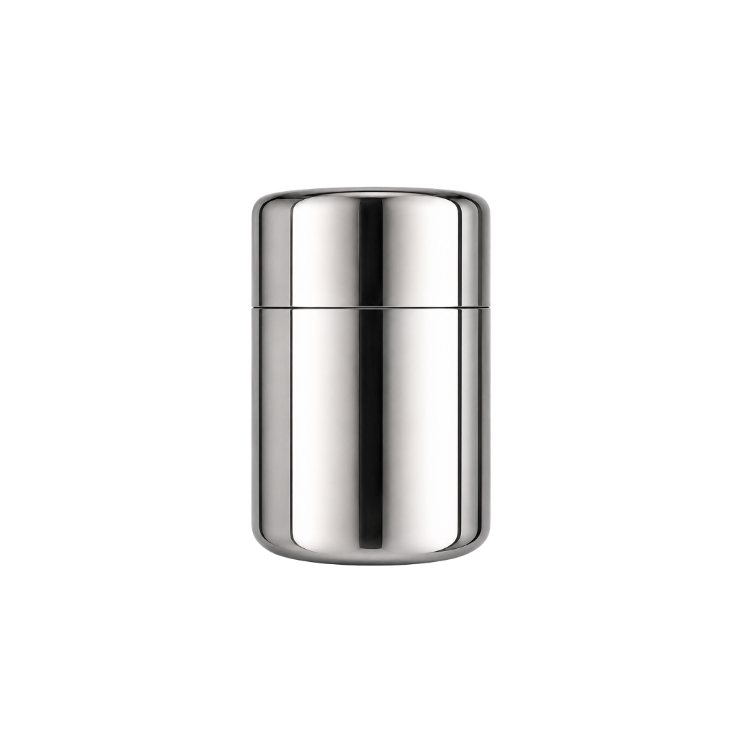Silver cylindrical container on a white background