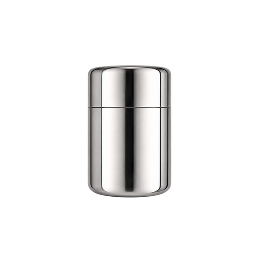 Silver cylindrical container on a white background