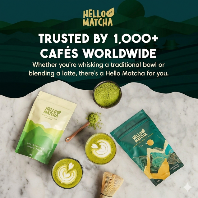 Hello Matcha products including packaging, matcha powder, and latte art on a marble surface with a scenic background.