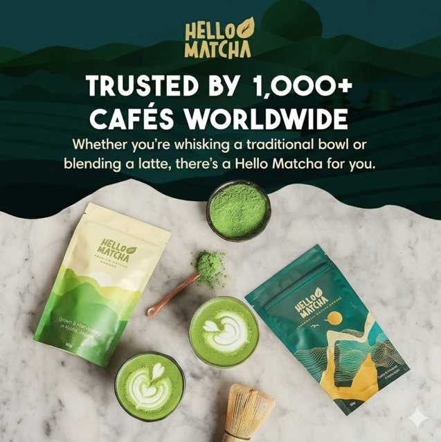 Hello Matcha products including packages, a bowl of matcha, and lattes on a marble surface with a dark green background.