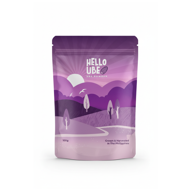 Purple packaging of Hello Ube with a scenic design on a white background