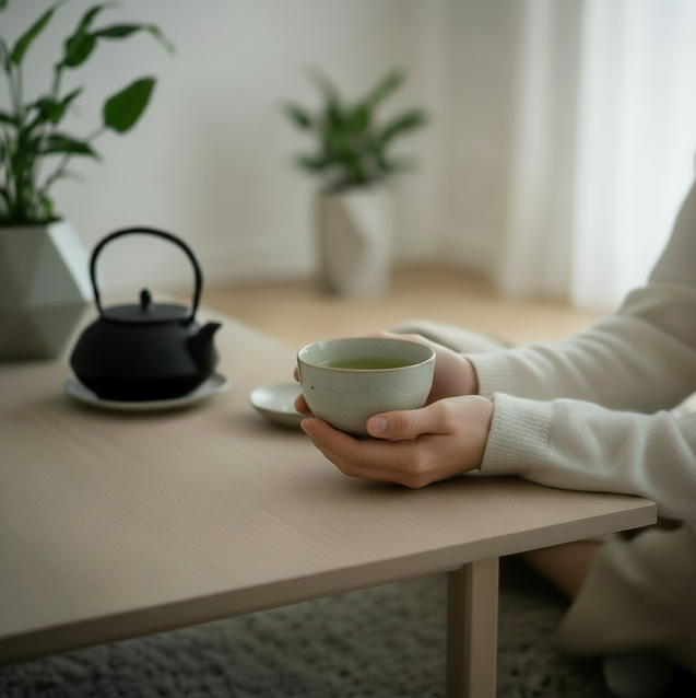 Hands holding sencha tea with teapot and floor plant