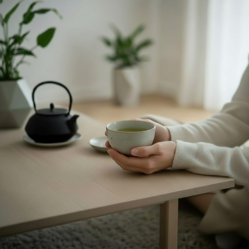 Hands holding sencha tea with teapot and floor plant