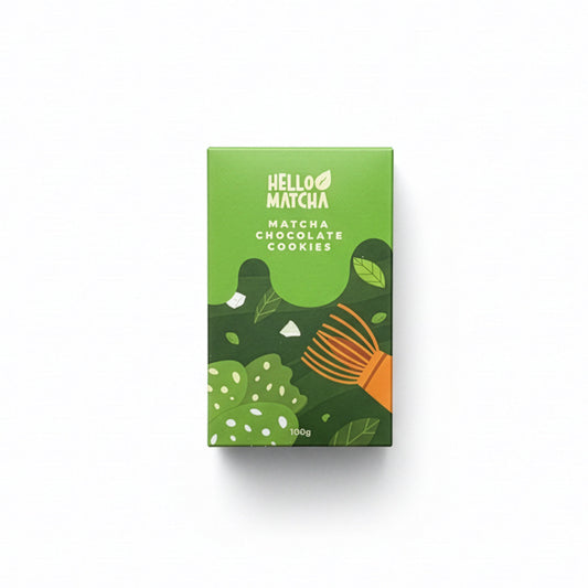 Green packaging of Hello Matcha Matcha Chocolate Cookies on a white background