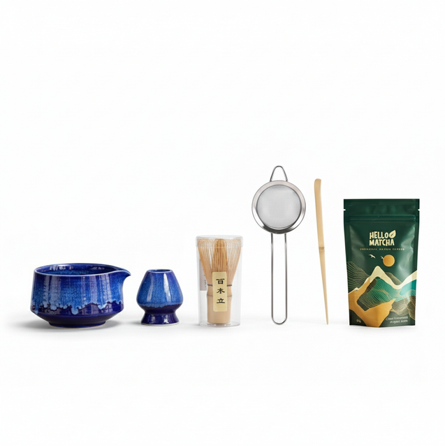 Indigo Zen matcha set horizontal layout