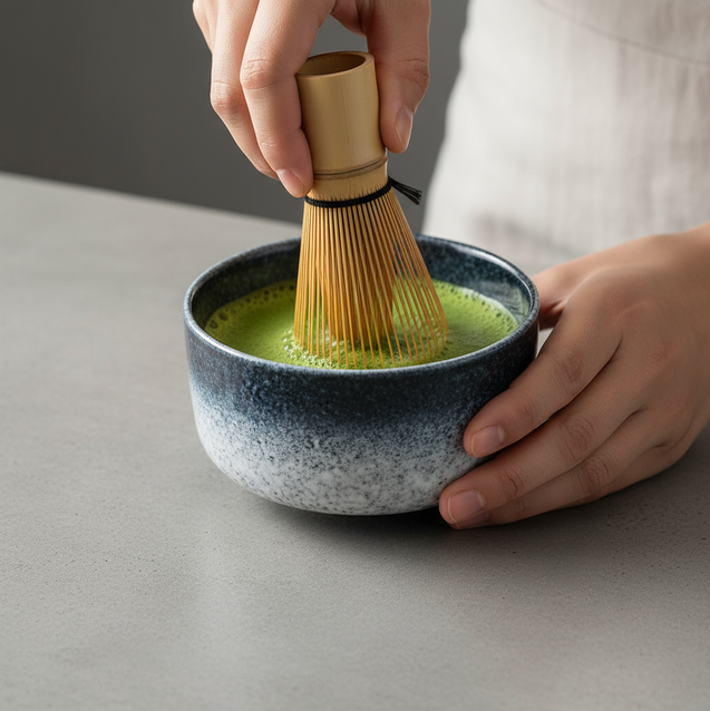 Matcha whisking with more angled view