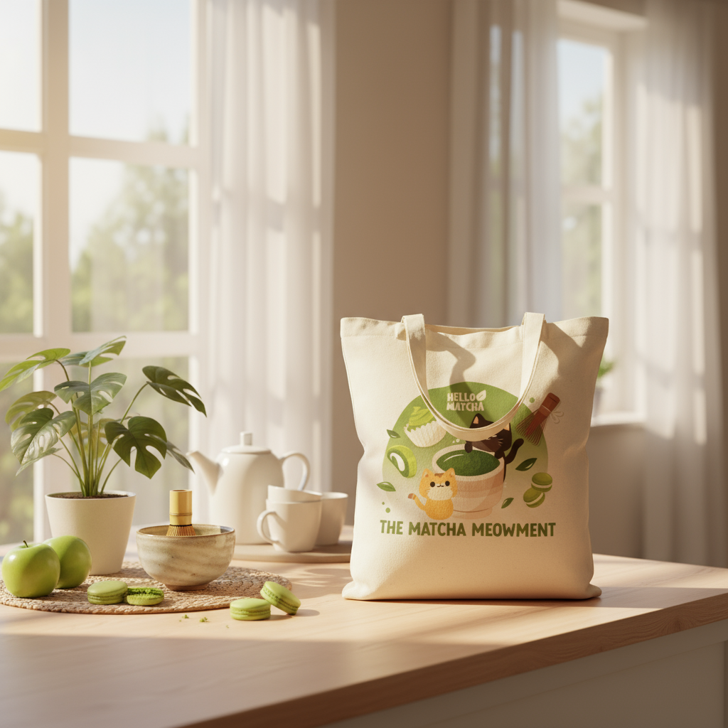 The Matcha Meowment Tote Bag Home Lifestyle Photo