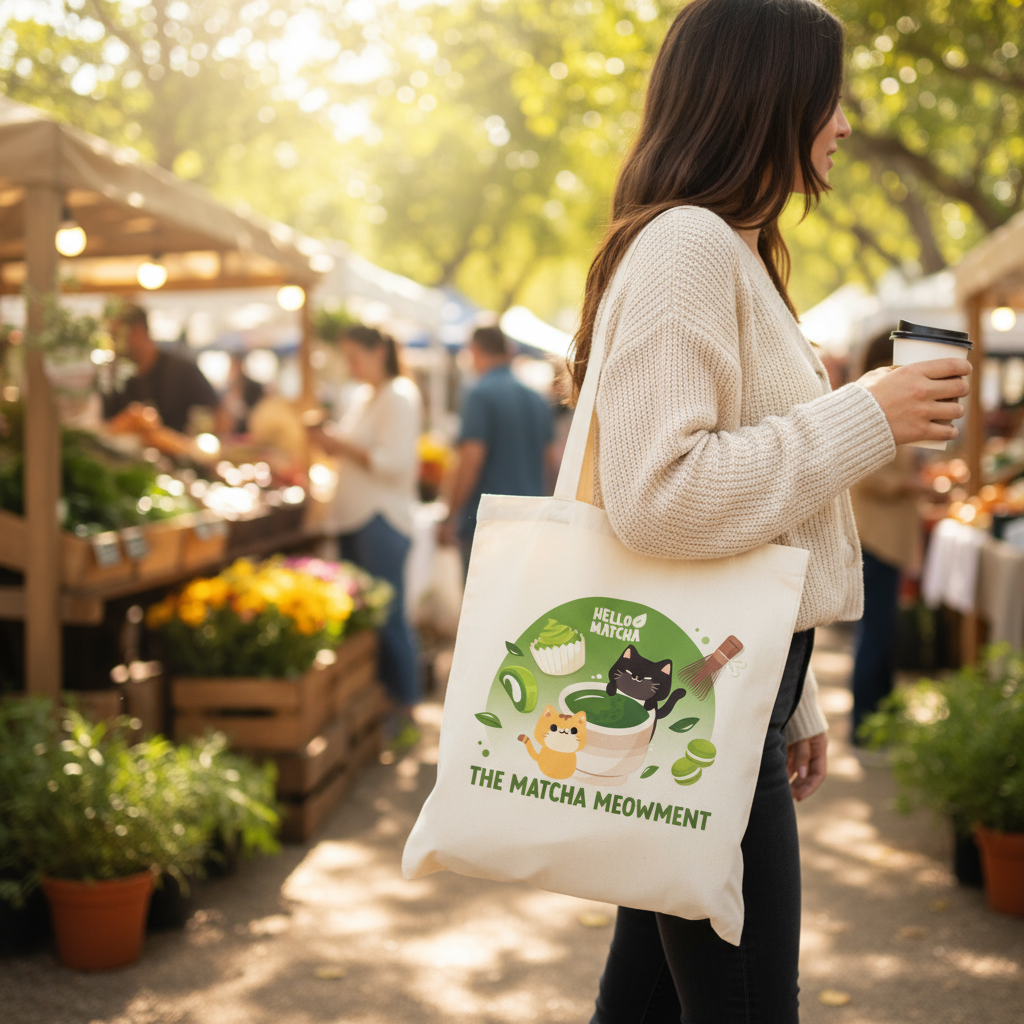 The Matcha Meowment Tote Bag Lifestyle Photo